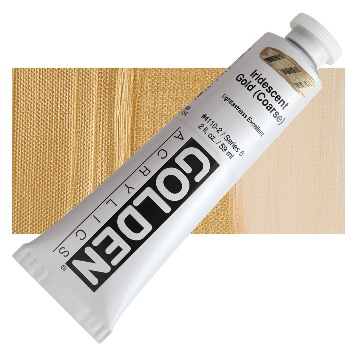 Golden Heavy Body Artist Acrylic - Iridescent Gold (Coarse), 2 oz Tube and swatch