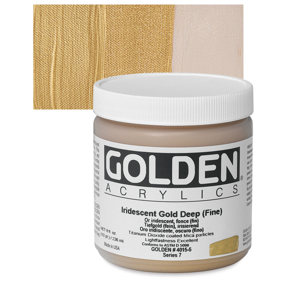 Golden Heavy Body Artist Acrylic - Iridescent Gold Deep (Fine), 8 oz Jar and swatch