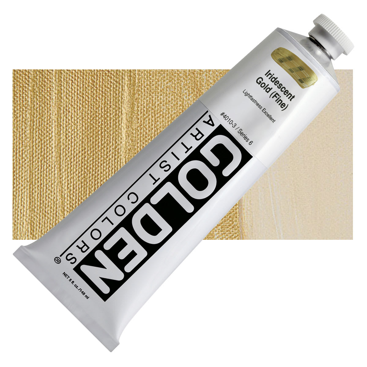 Golden Heavy Body Artist Acrylic - Iridescent Gold (Fine), 5 oz tube and swatch