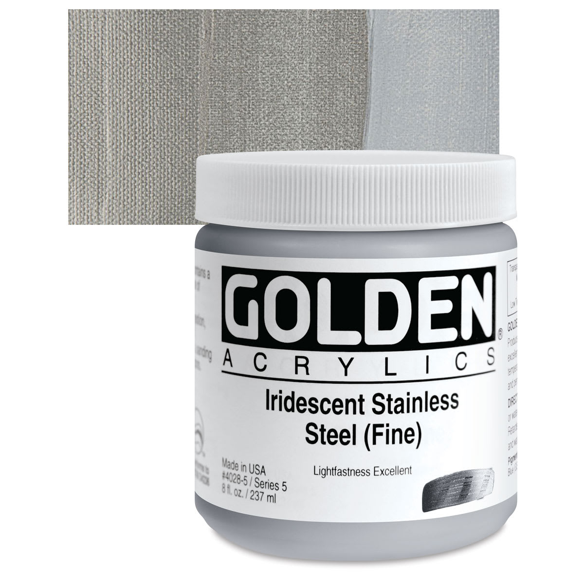 Golden Heavy Body Artist Acrylic - Iridescent Stainless Steel (Fine), 8 oz jar and swatch