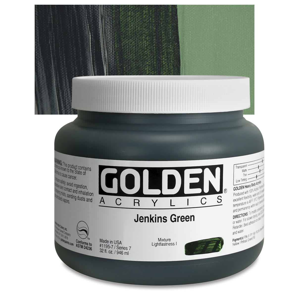 Golden Heavy Body Artist Acrylic - Jenkins Green, 32 oz Jar and swatch