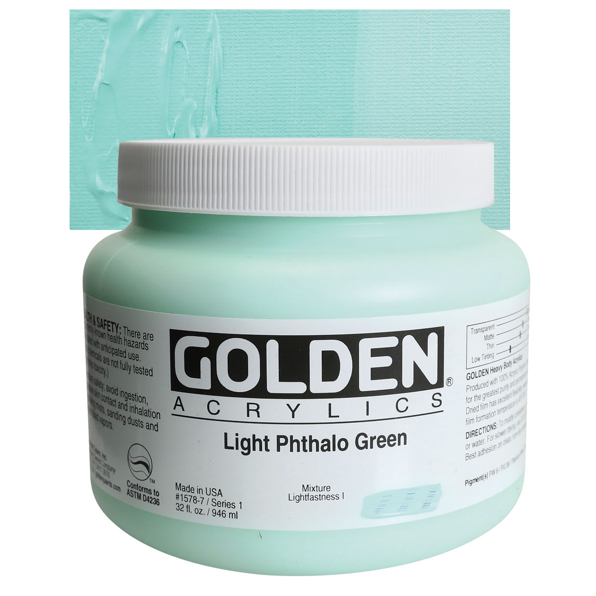 Golden Heavy Body Artist Acrylic - Light Phthalo Green, 32 oz and swatch