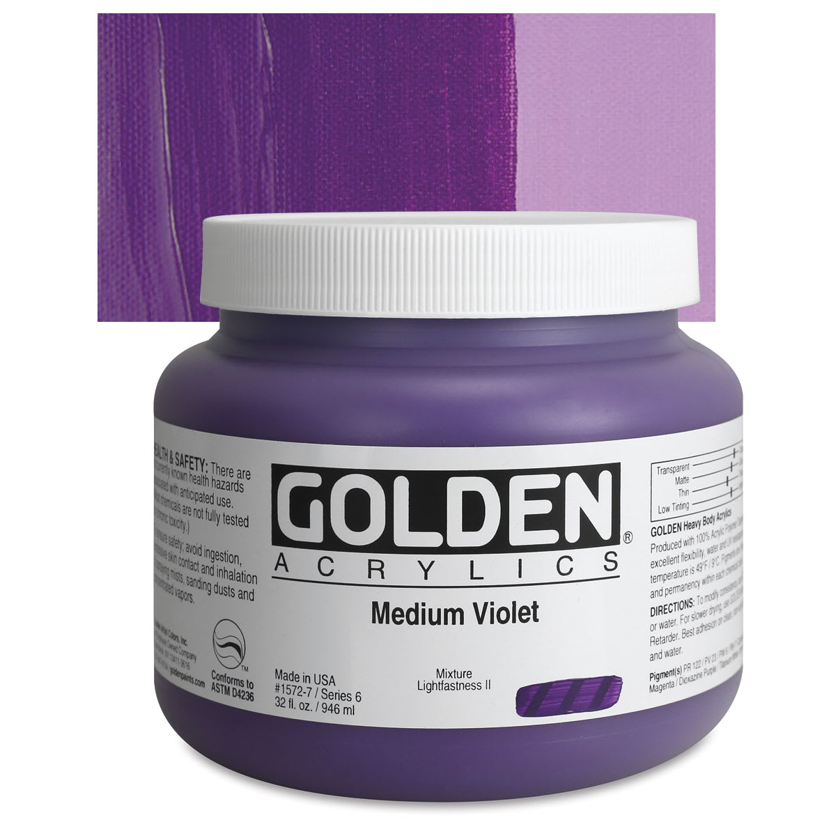 Golden Heavy Body Artist Acrylic - Medium Violet, 32 oz Jar and swatch