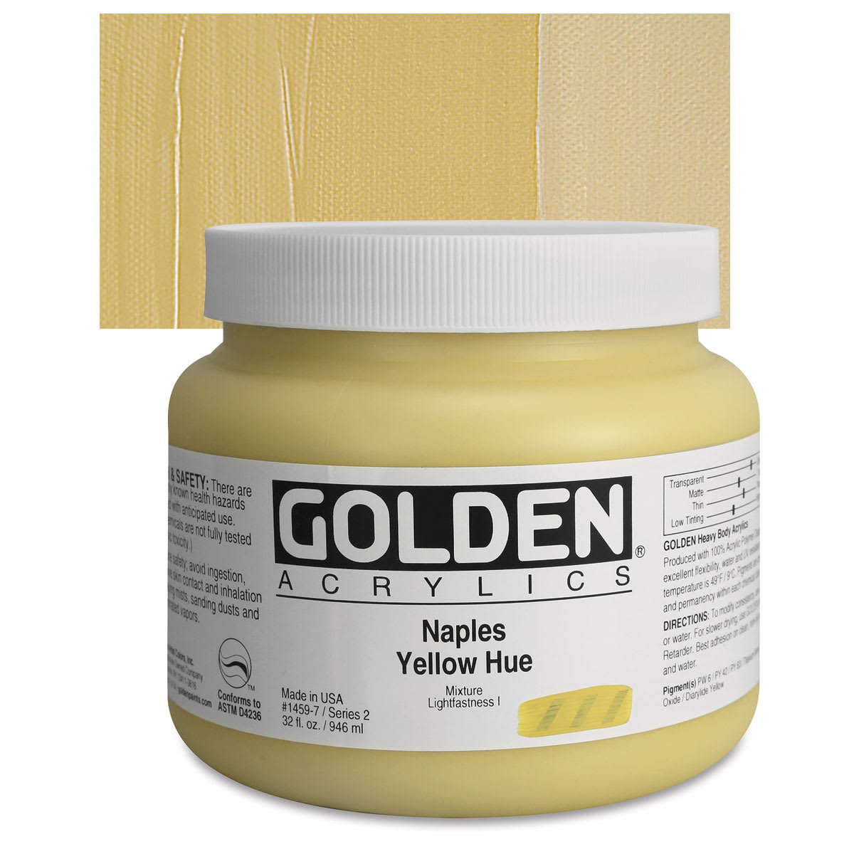 Golden Heavy Body Artist Acrylic - Naples Yellow Hue, 32 oz Jar and swatch