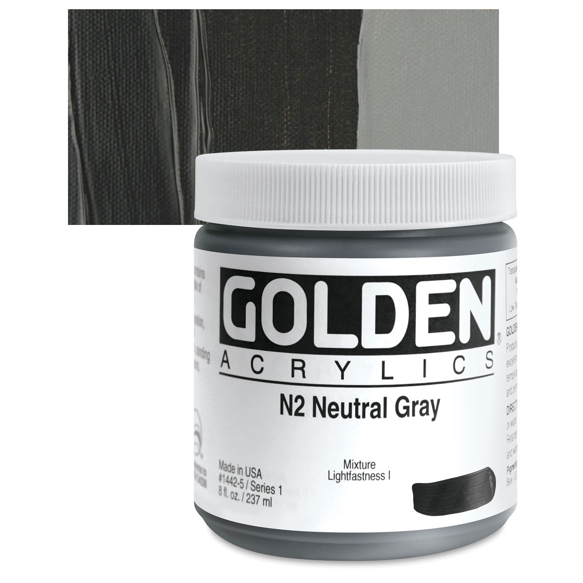 Golden Heavy Body Artist Acrylic - Neutral Gray N2, 8 oz Jar and swatch