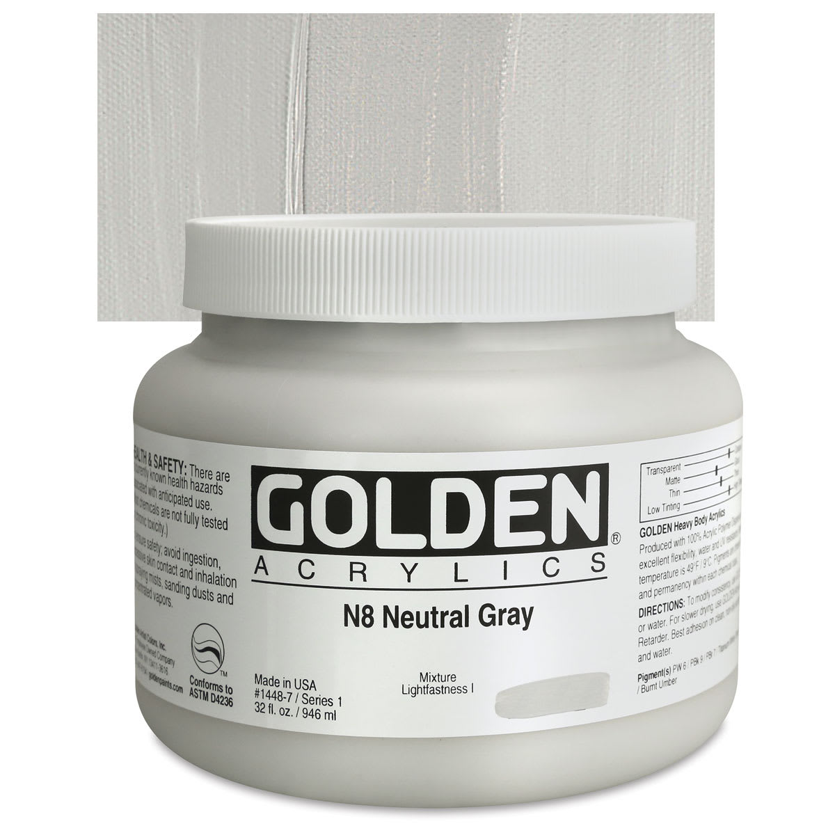 Golden Heavy Body Artist Acrylic - Neutral Gray N8, 32 oz Jar and swatch