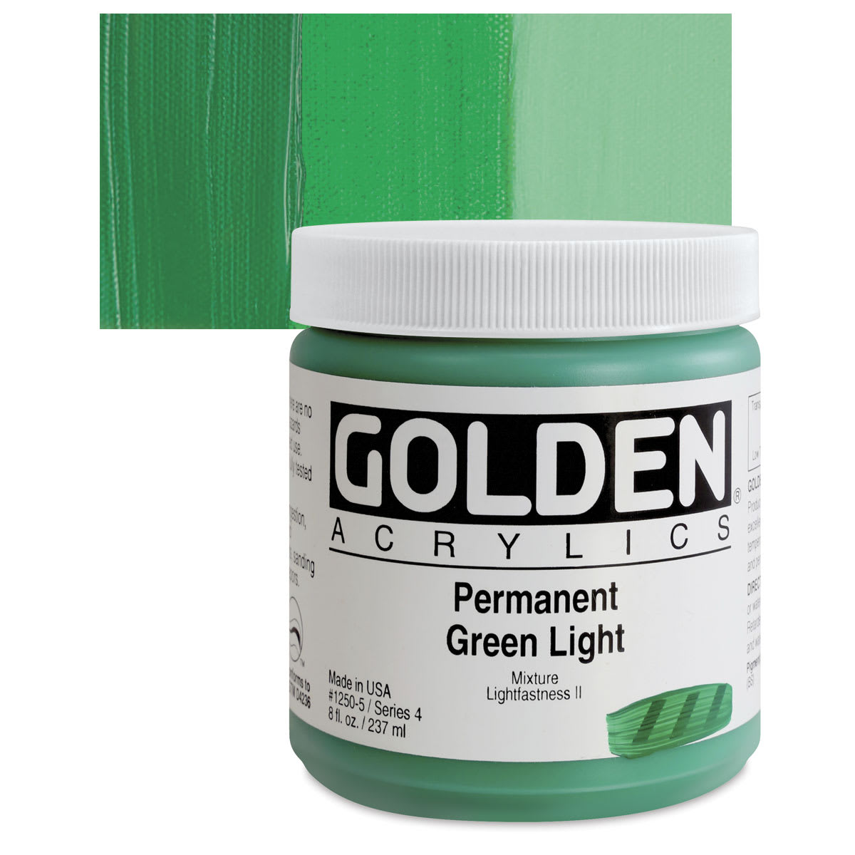 Golden Heavy Body Artist Acrylic - Permanent Green Light, 8 oz Jar and swatch