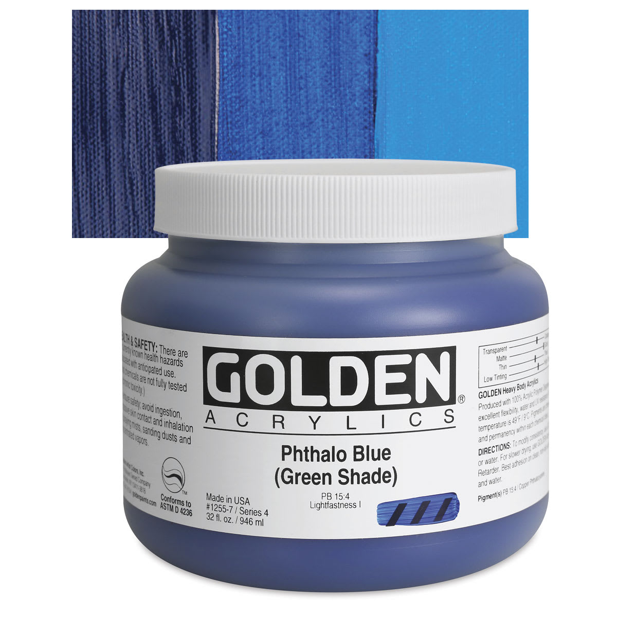 Golden Heavy Body Artist Acrylic - Phthalo Blue (Green Shade), 32 oz Jar and swatch