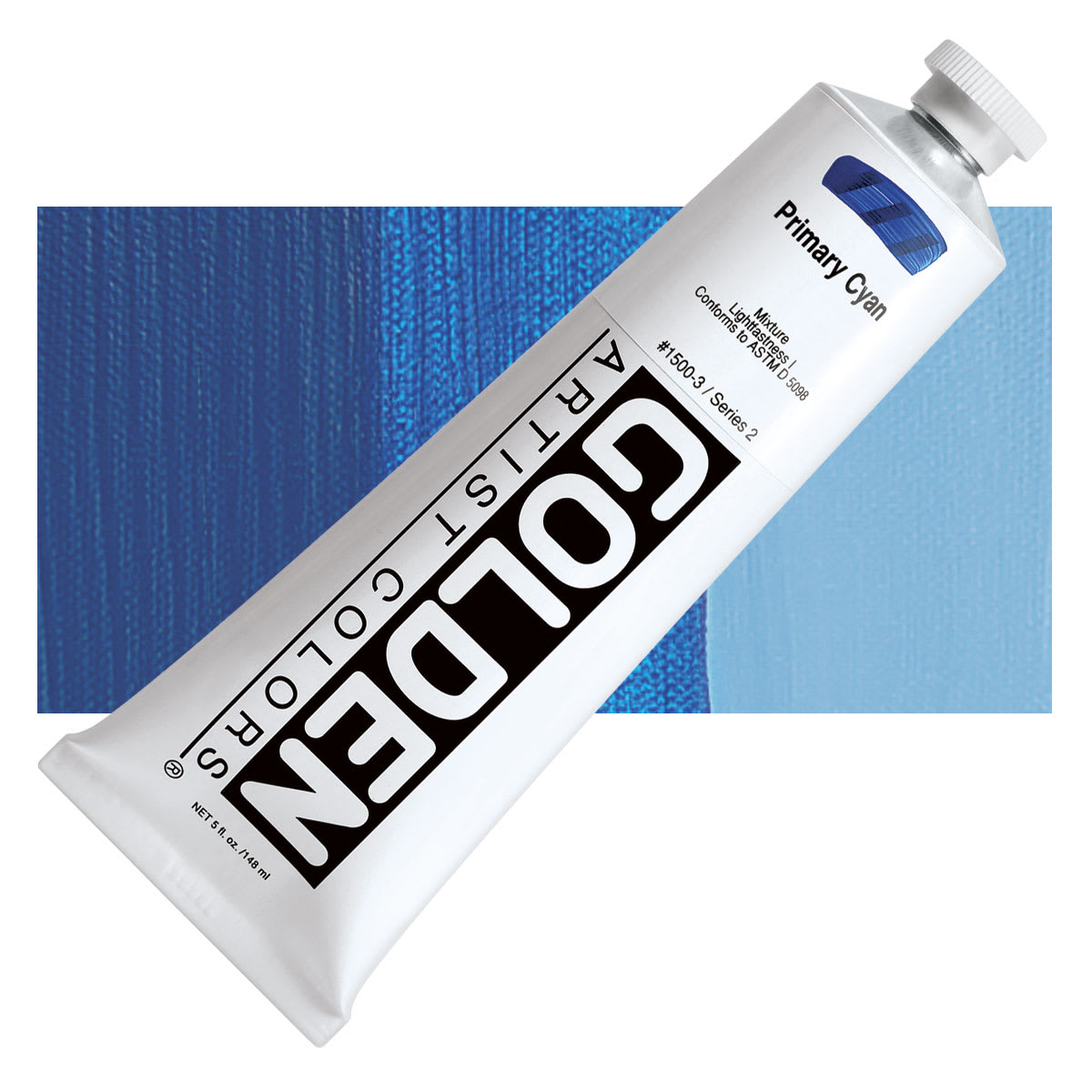 Golden Heavy Body Artist Acrylic - Primary Cyan, 5 oz Tube and swatch