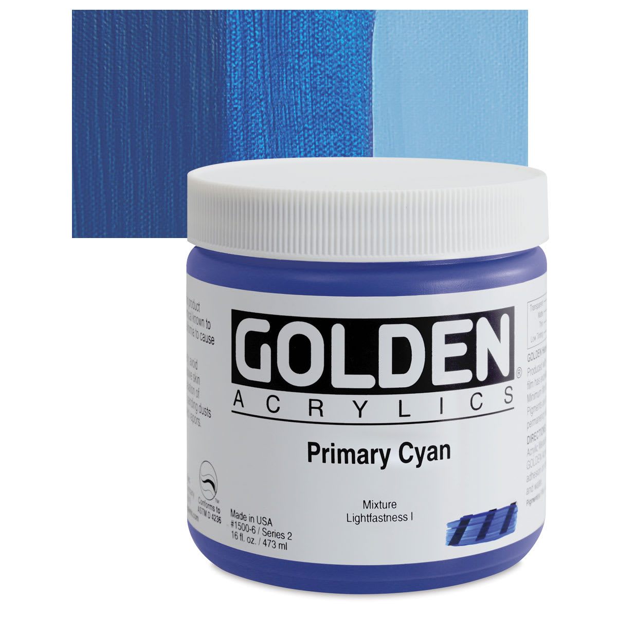 Golden Heavy Body Artist Acrylic - Primary Cyan, 16 oz Jar and swatch