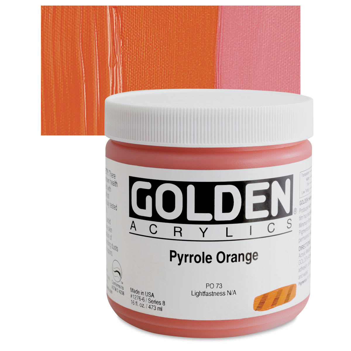 Golden Heavy Body Artist Acrylic - Pyrrole Orange, 16 oz Jar and swatch