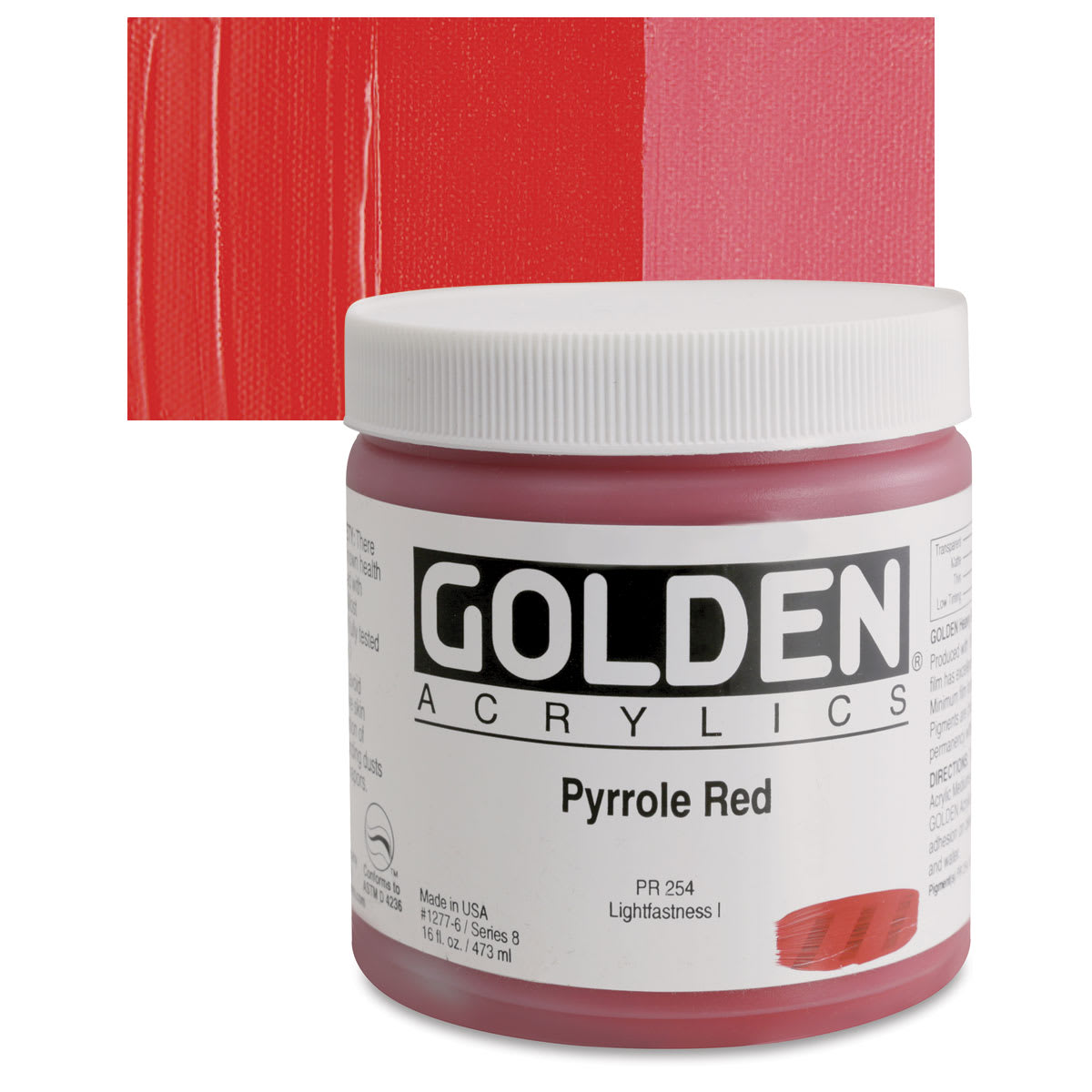 Golden Heavy Body Artist Acrylic - Pyrrole Red, 16 oz Jar and swatch