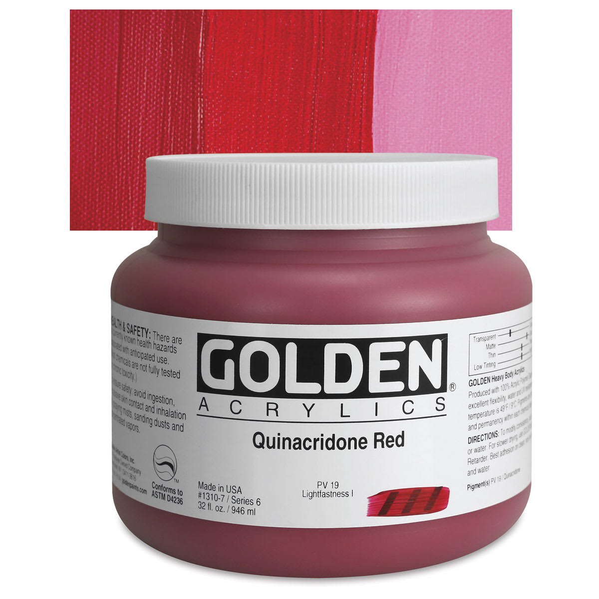 Golden Heavy Body Artist Acrylic - Quinacridone Red, 32 oz Jar and swatch