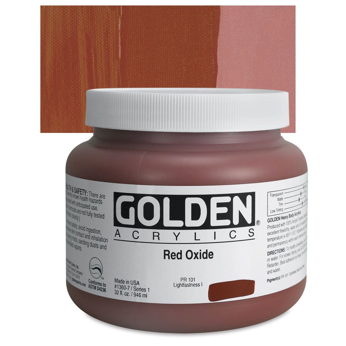 Golden Heavy Body Artist Acrylic - Red Oxide, 32 oz Jar and swatch