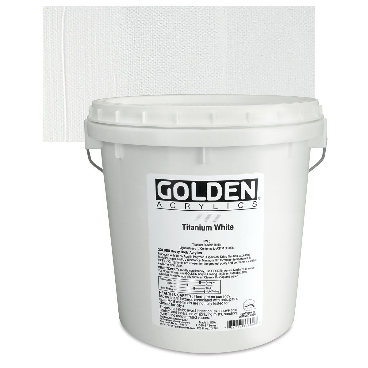 Golden Heavy Body Artist Acrylic - Titanium White, 128 oz Jar and swatch