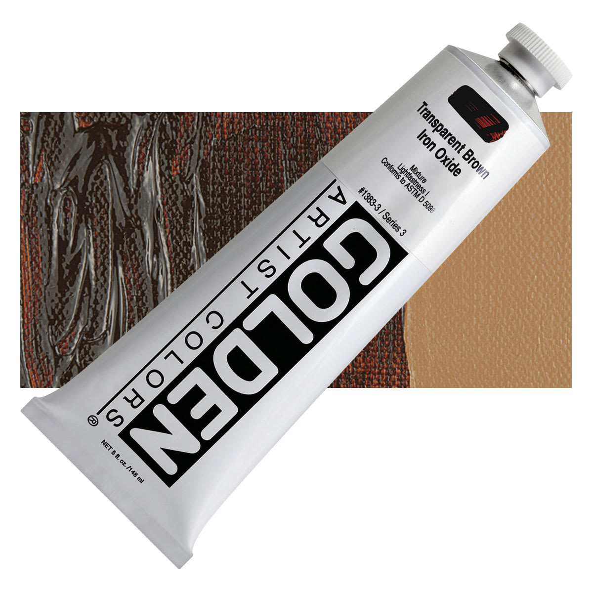Golden Heavy Body Artist Acrylic - Transparent Brown Iron Oxide, 5 oz tube and swatch