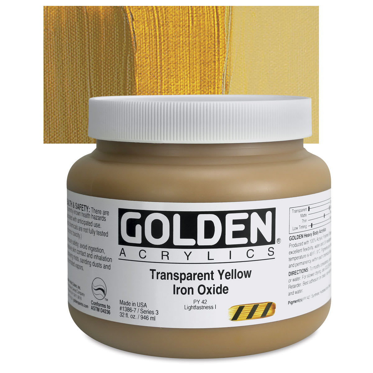 Golden Heavy Body Artist Acrylic - Transparent Yellow Iron Oxide, 32 oz Jar and swatch