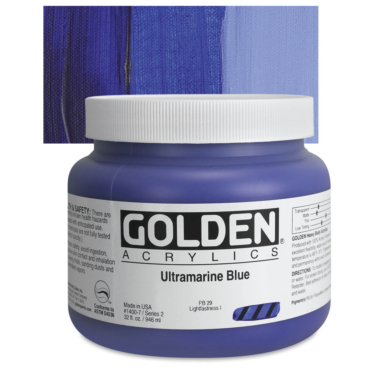 Golden Heavy Body Artist Acrylic - Ultramarine Blue, 32 oz Jar and swatch