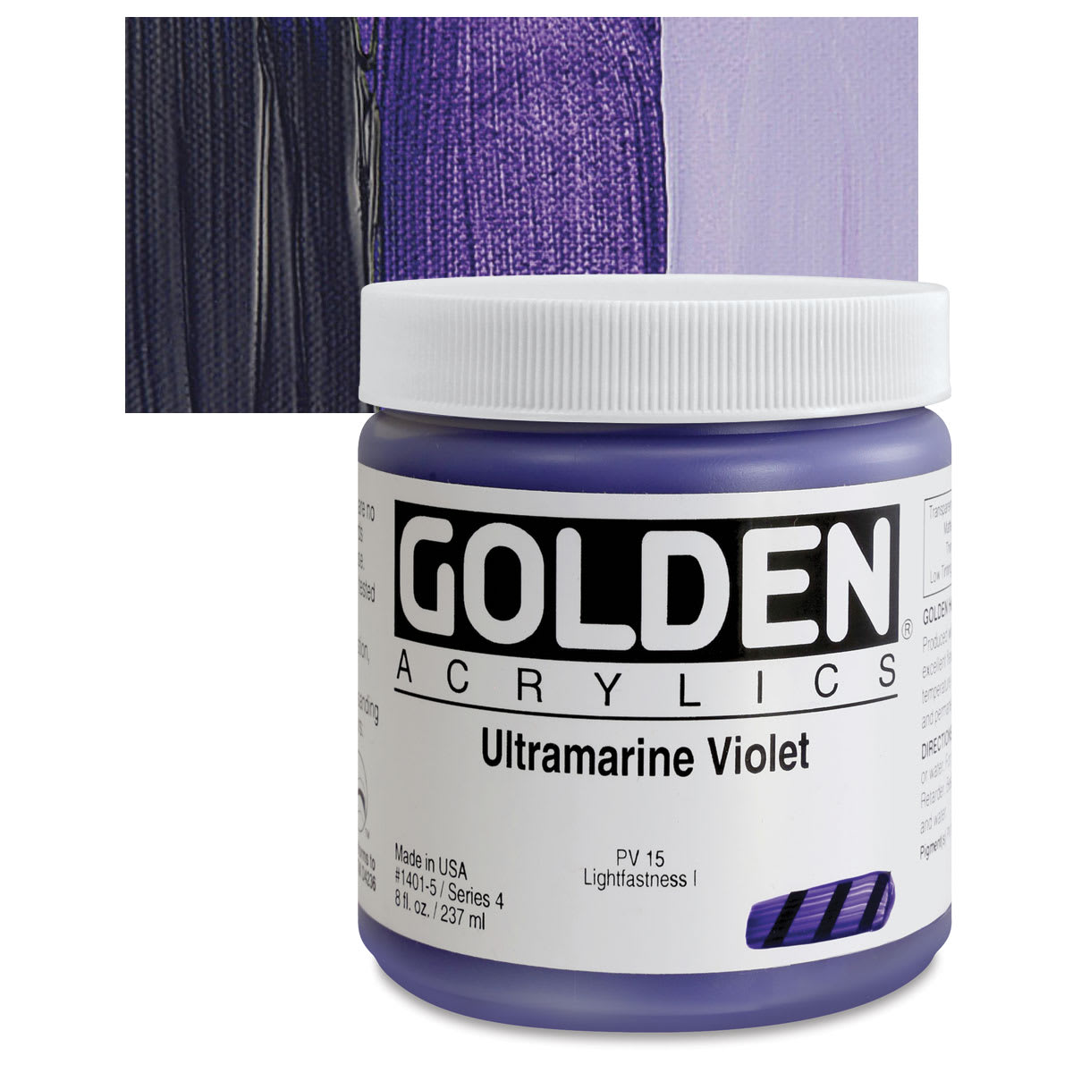 Golden Heavy Body Artist Acrylic - Ultramarine Violet, 8 oz jar and swatch