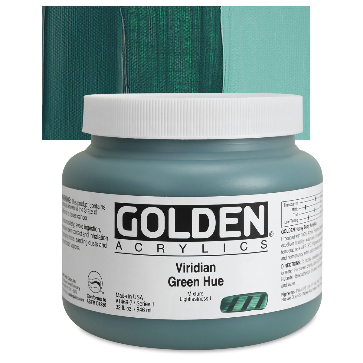 Golden Heavy Body Artist Acrylic - Viridian Green Hue, 32 oz Jar and swatch