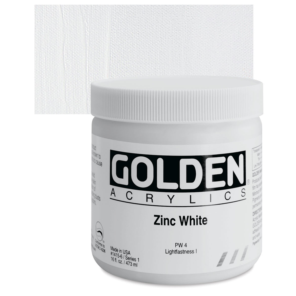 Golden Heavy Body Artist Acrylic - Zinc White, 16 oz Jar and swatch