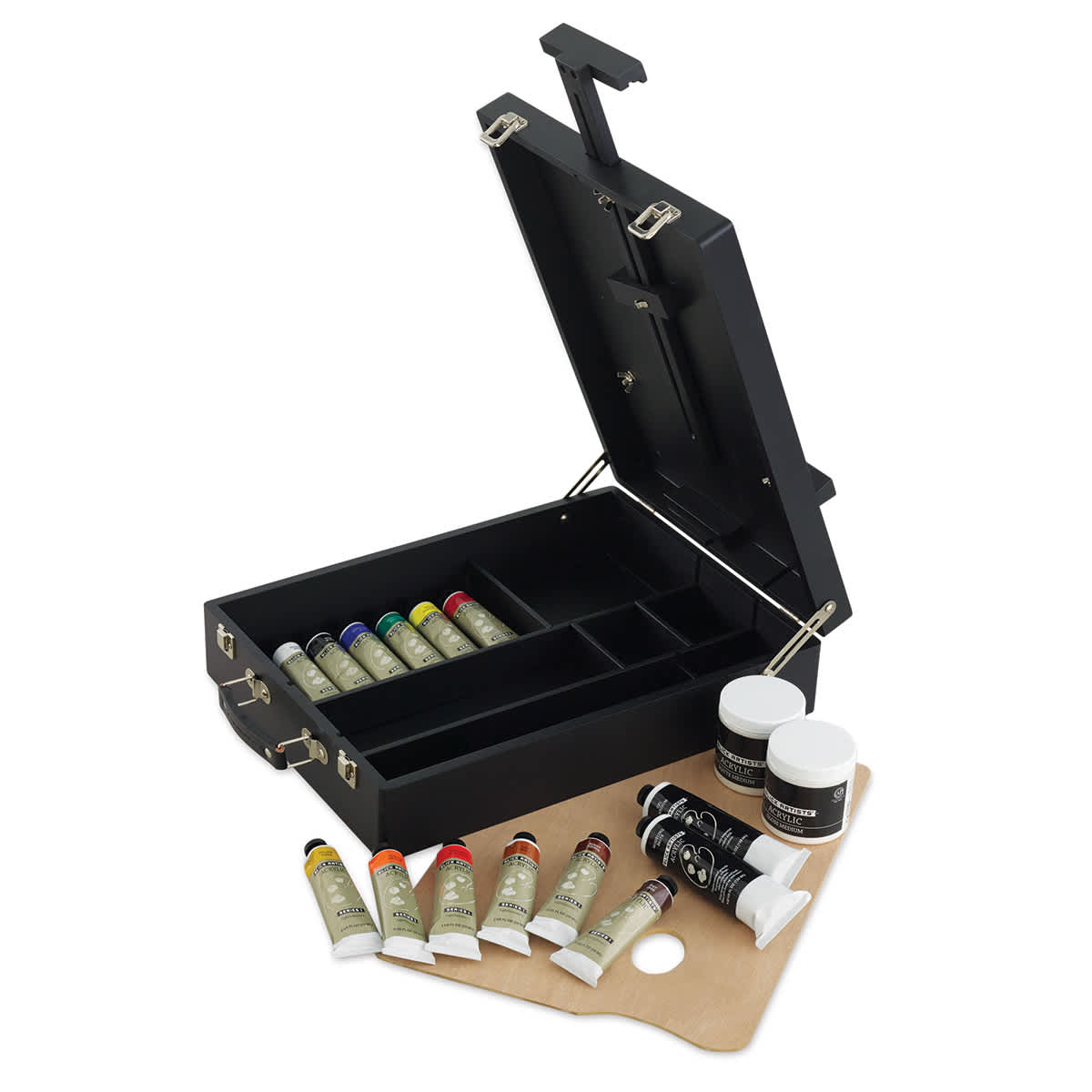 Blick Artists' Acrylic Paints - Easel Set, Black. Lid open, paints and palette inside and outside. Blick Artists' Acrylic Paints - Easel Set, Black. Lid open, paints and palette inside and outside.
