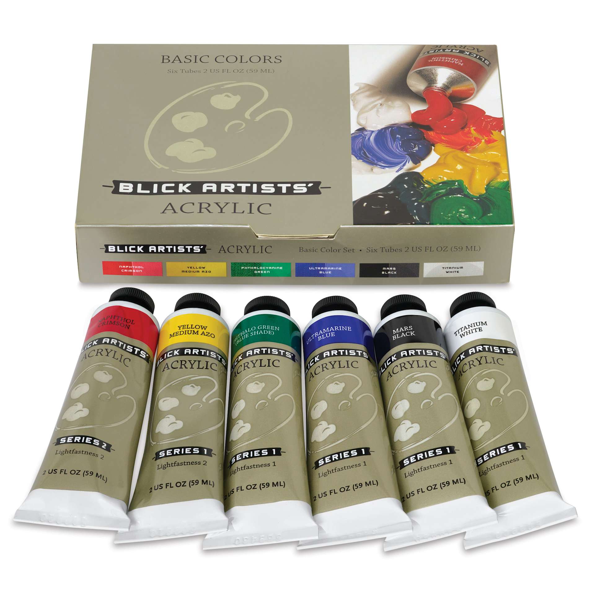 Blick Artists' Acrylic Set - Basic Set, Set of 6 colors, 2 oz tubes, tubes outside of packaging