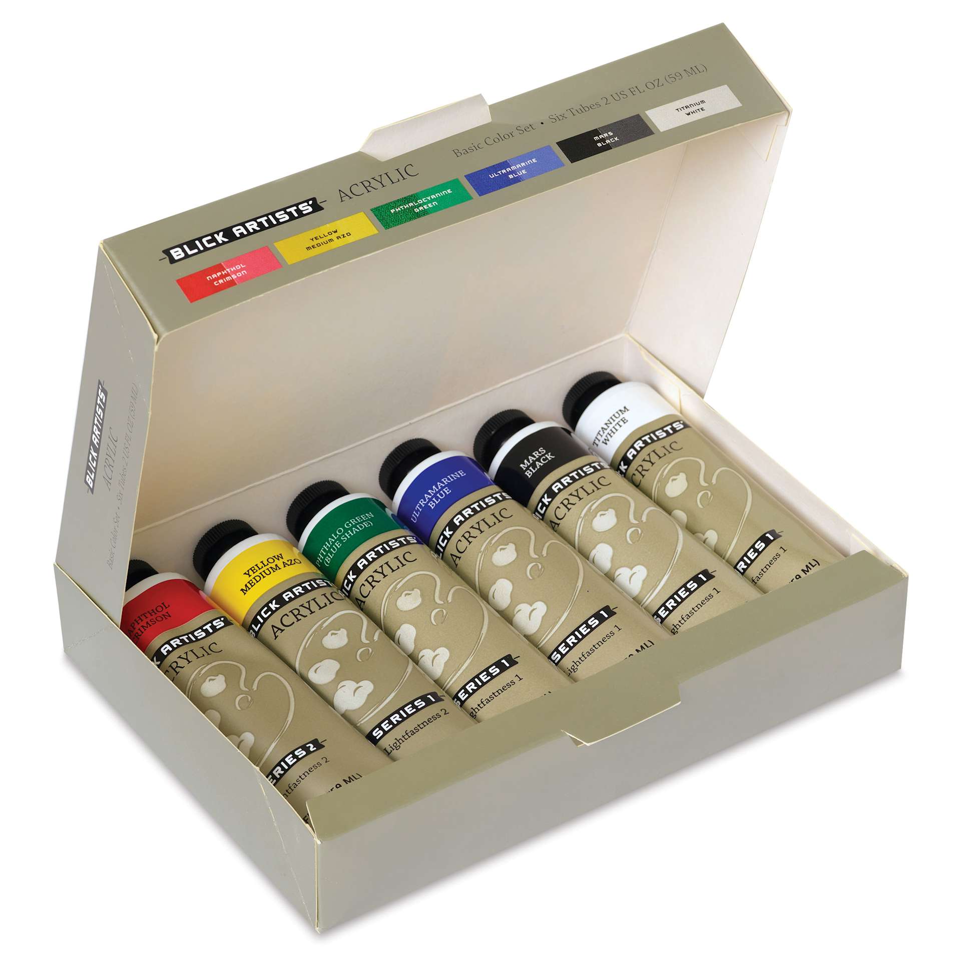 Blick Artists' Acrylic Set - Basic Set, Set of 6 colors, 2 oz tubes, open packaging