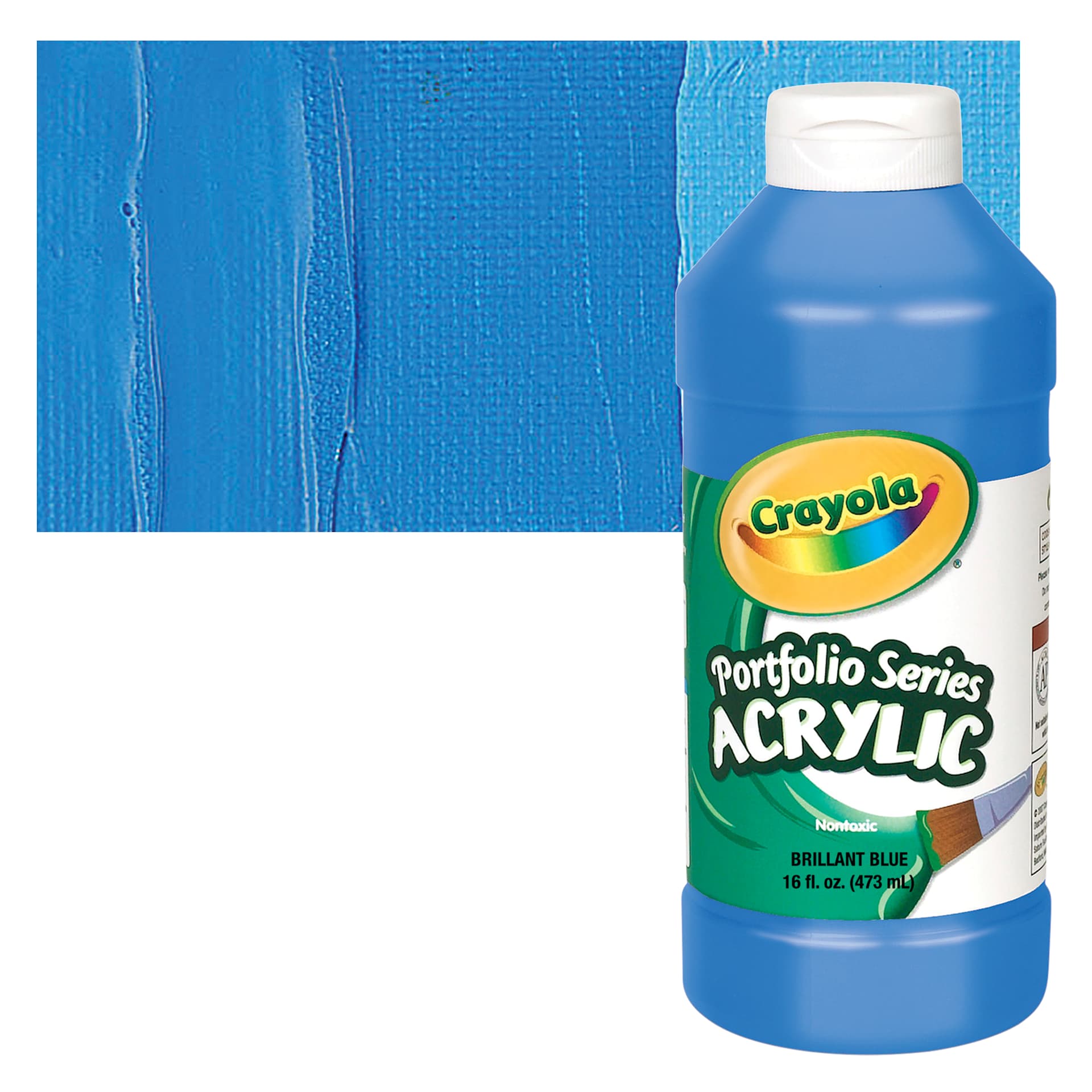 Crayola Portfolio Series Acrylic - Brilliant Blue, 16 oz bottle and swatch