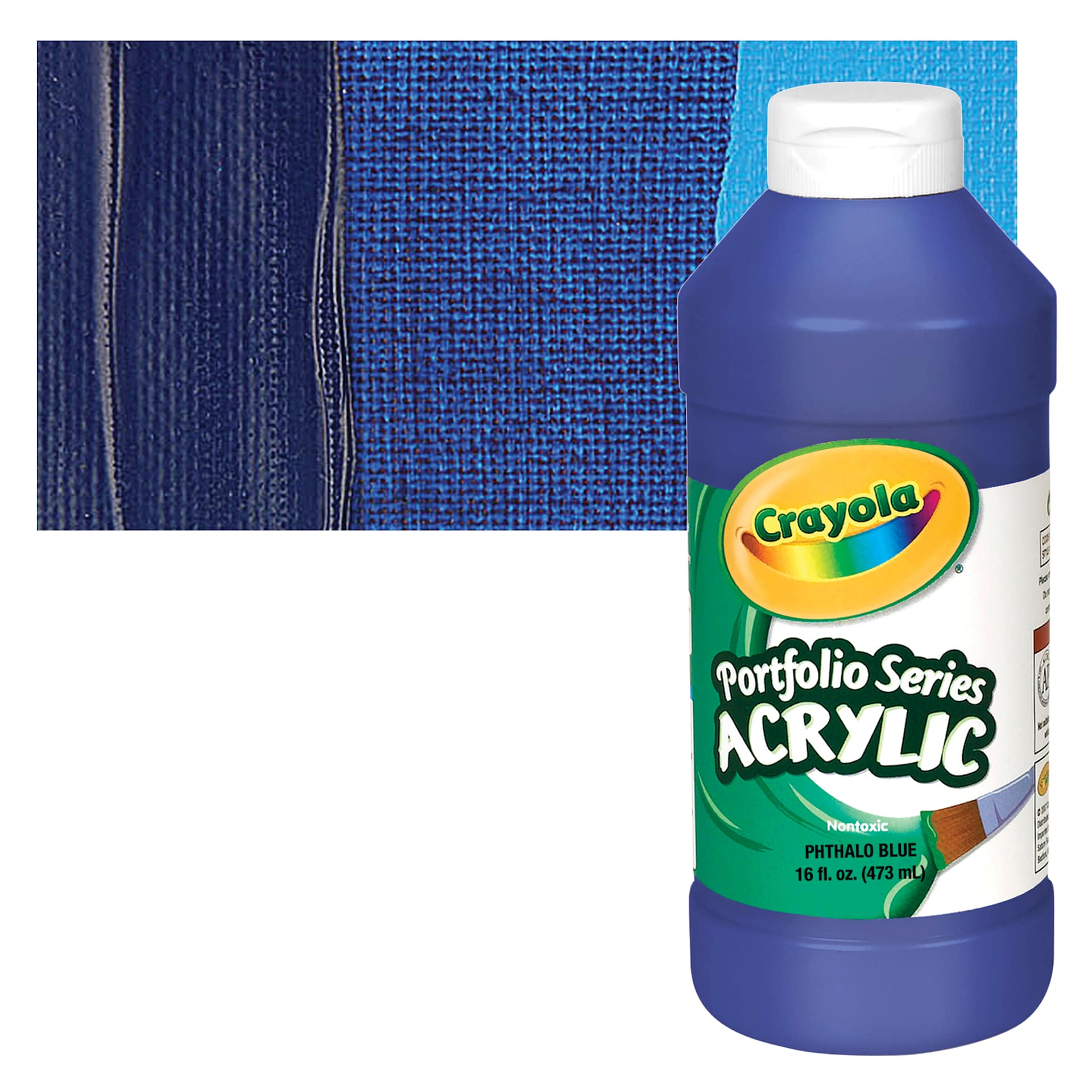 Crayola Portfolio Series Acrylic - Phthalo Blue, 16 oz bottle and swatch