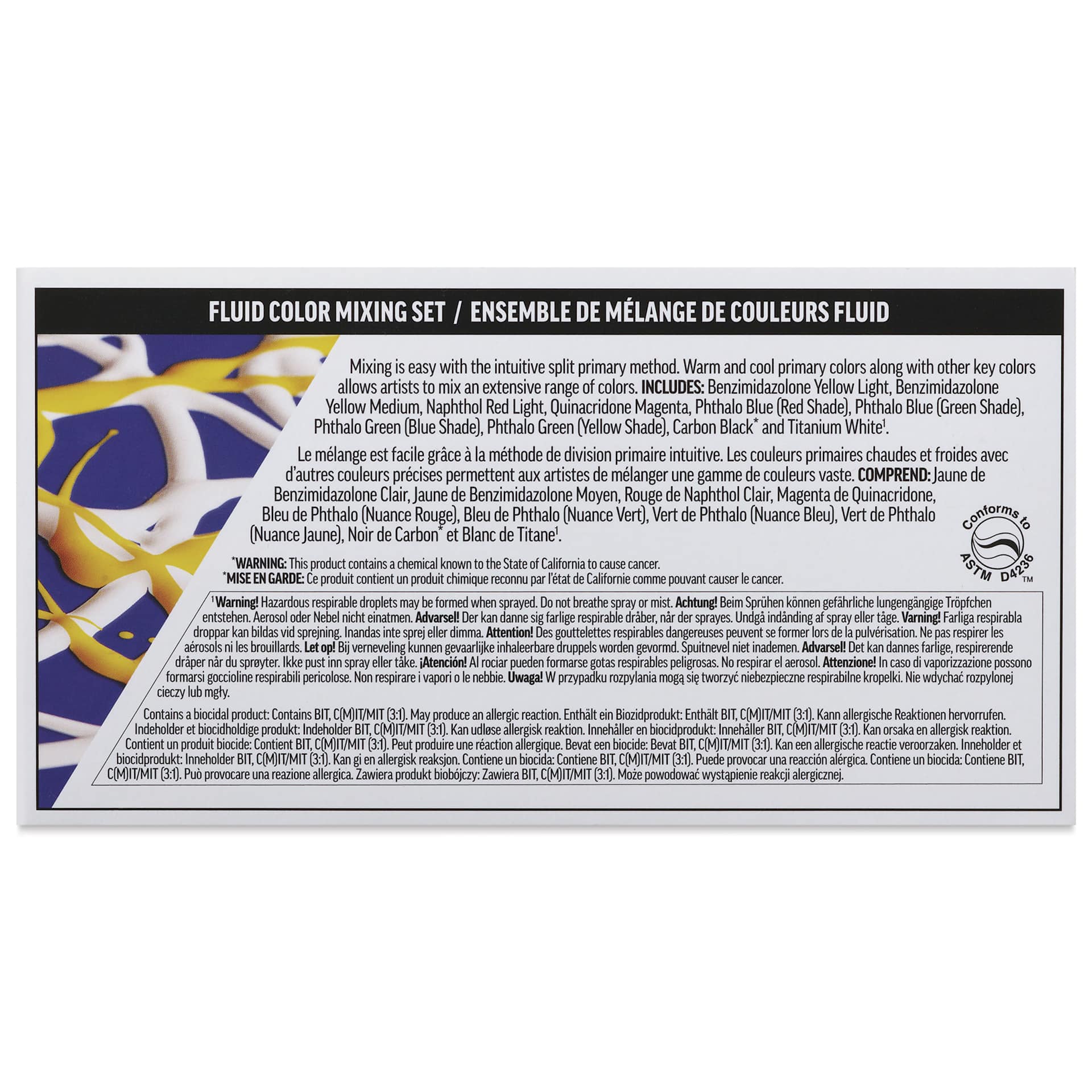 Golden Fluid Acrylics - Mixing Colors, Set of 10, 30 ml, back of packaging
