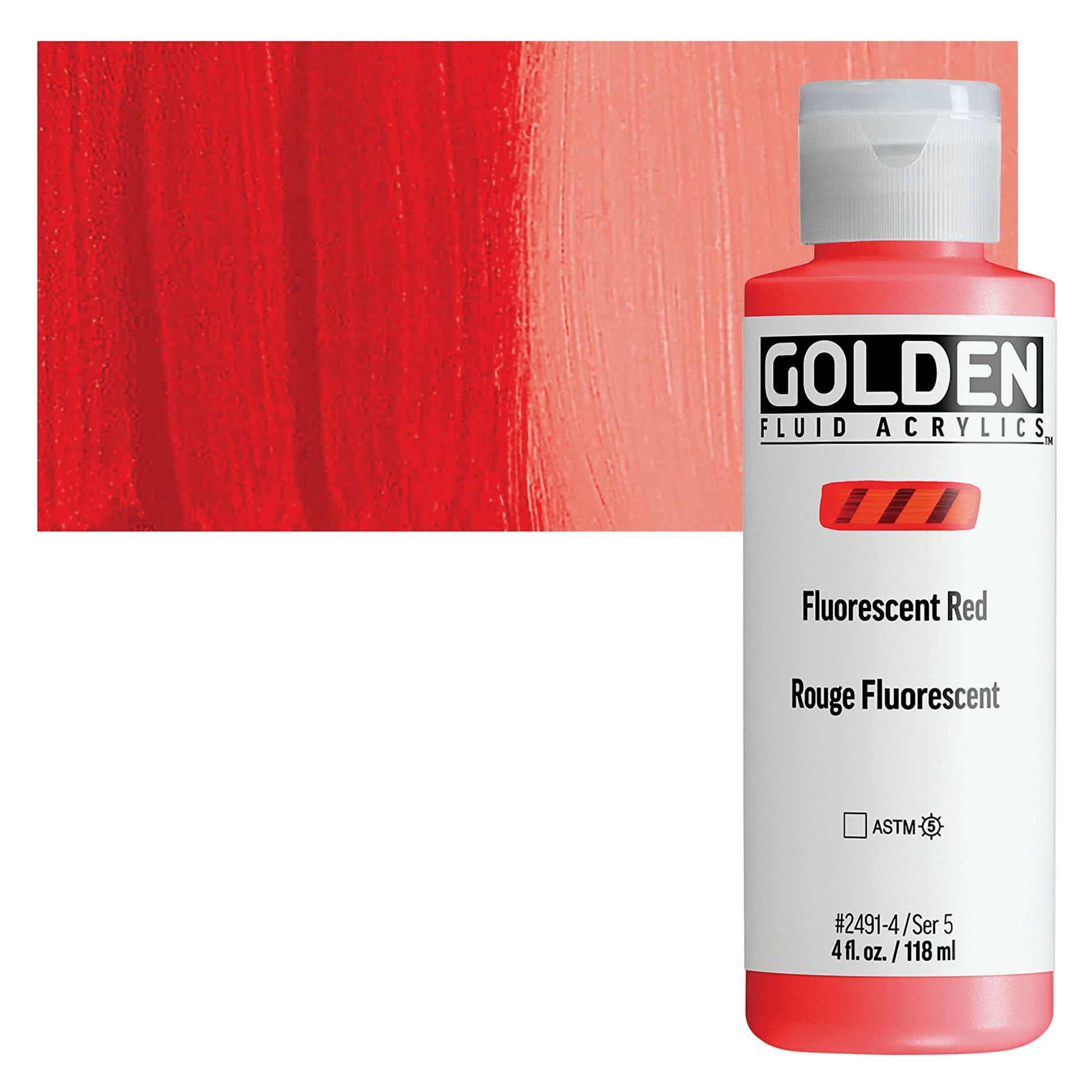 Golden Fluid Acrylic - Fluorescent Red, 4 oz bottle and swatch