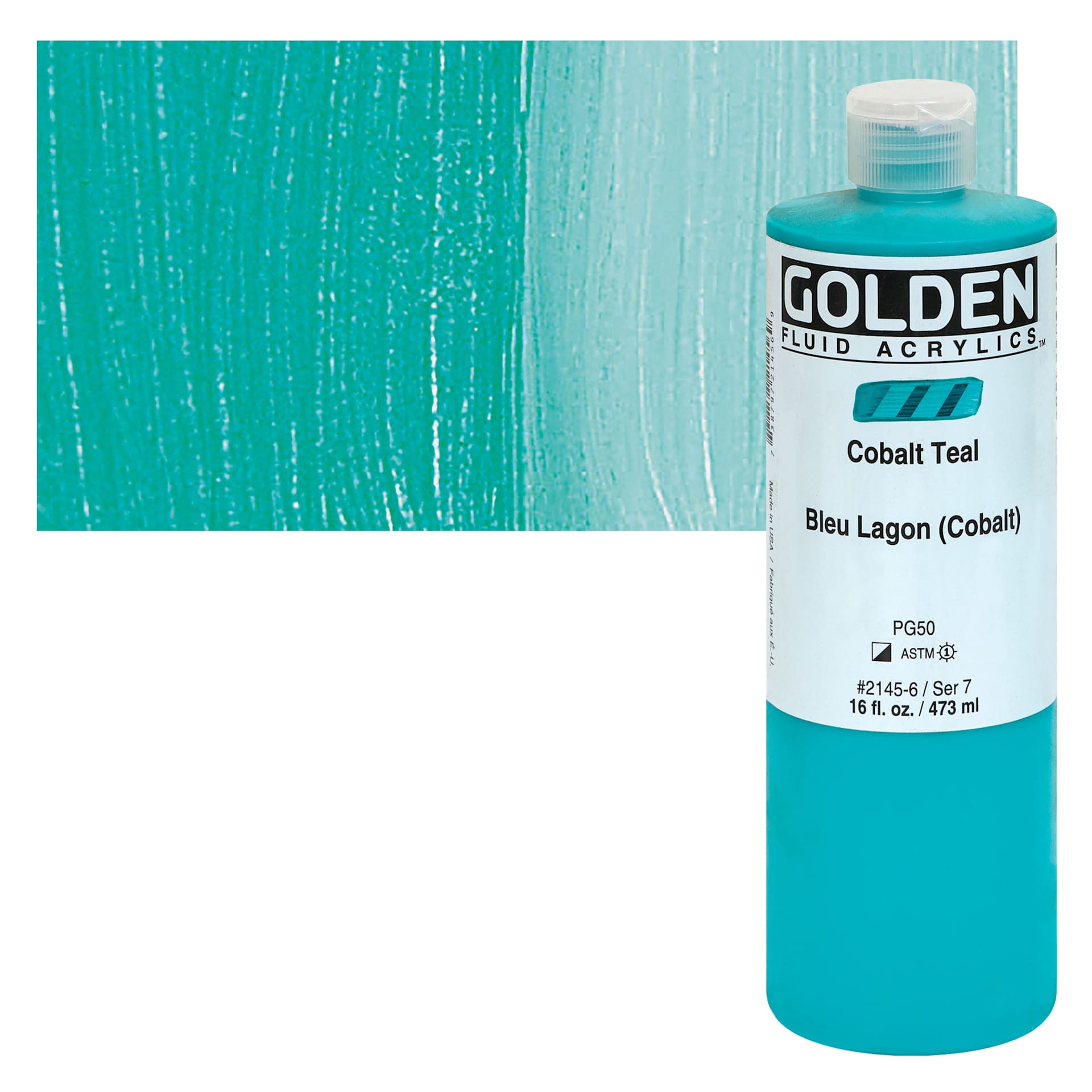 Golden Fluid Acrylics - Cobalt Teal, 16 oz bottle and swatch