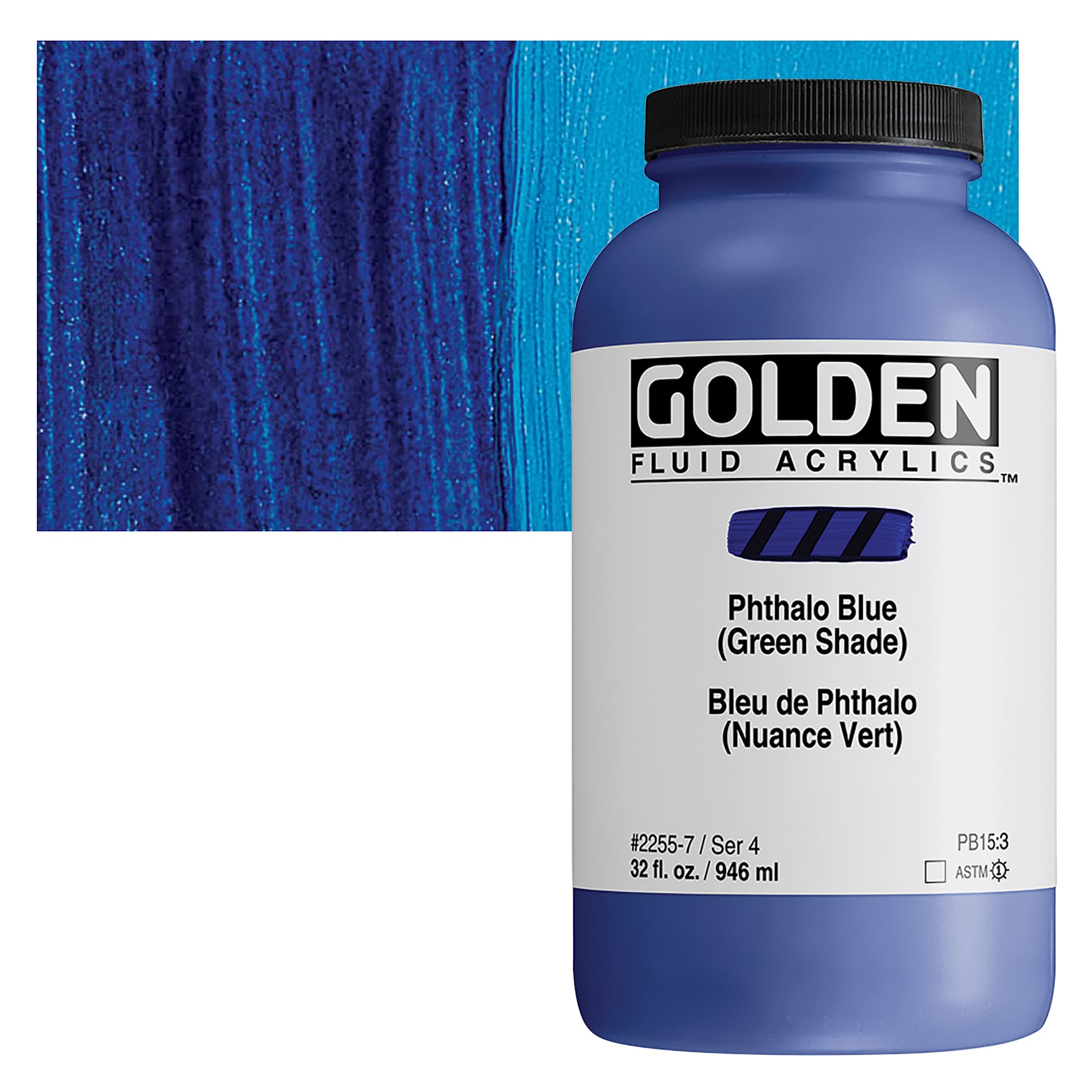 Golden Fluid Acrylic - Phthalo Blue (Green Shade), 32 oz bottle and swatch
