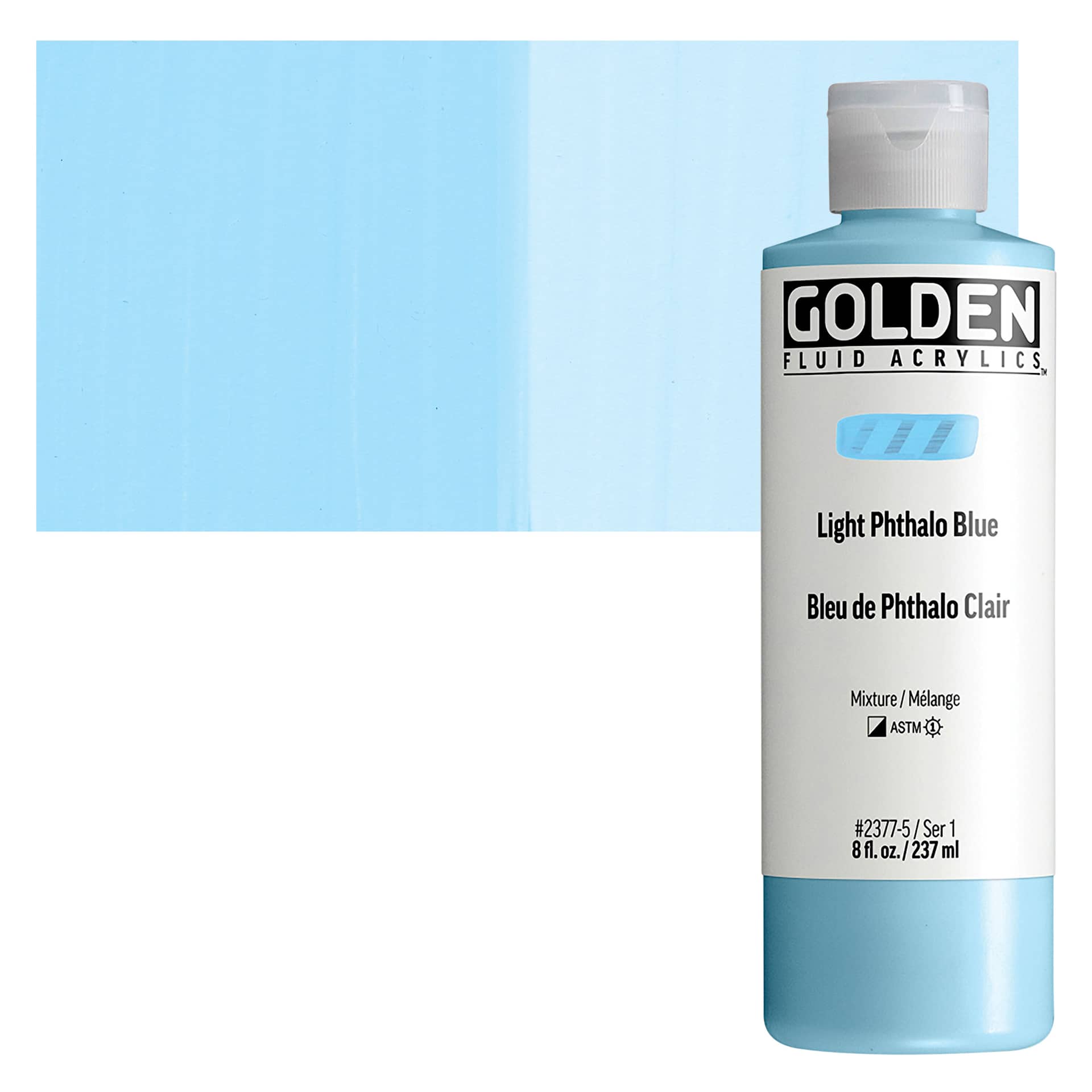 Golden Fluid Acrylic - Light Phthalo Blue, 8 oz Bottle and swatch