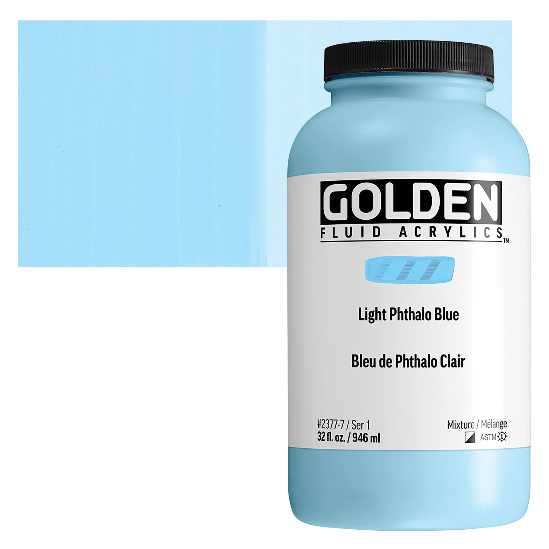 Golden Fluid Acrylic - Light Phthalo Blue, 32 oz bottle and swatch