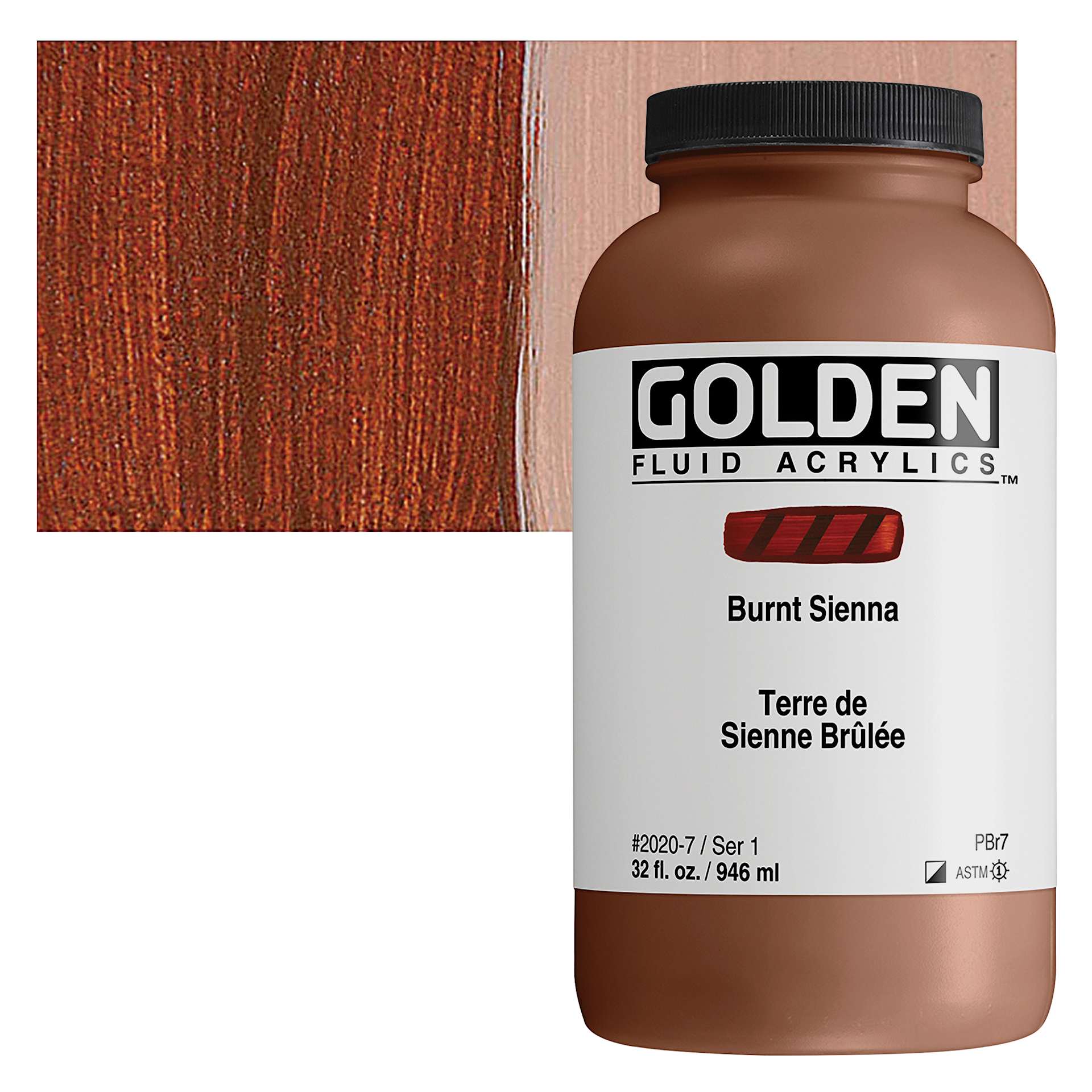 Golden Fluid Acrylic - Burnt Sienna, 32 oz bottle and swatch