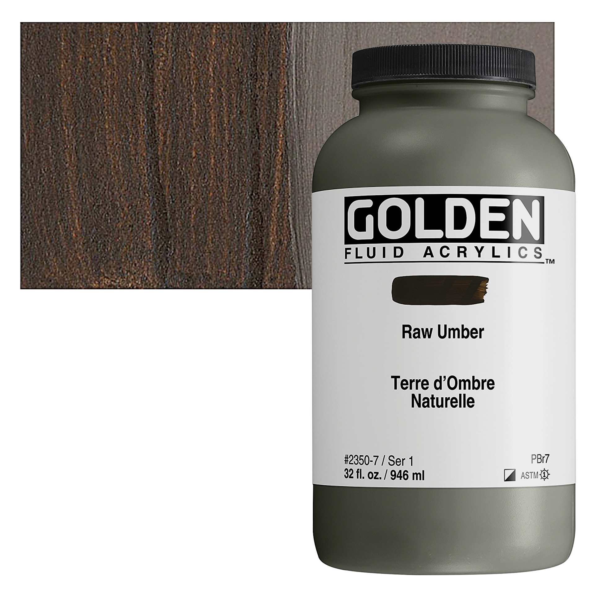 Golden Fluid Acrylic - Raw Umber, 32 oz bottle and swatch