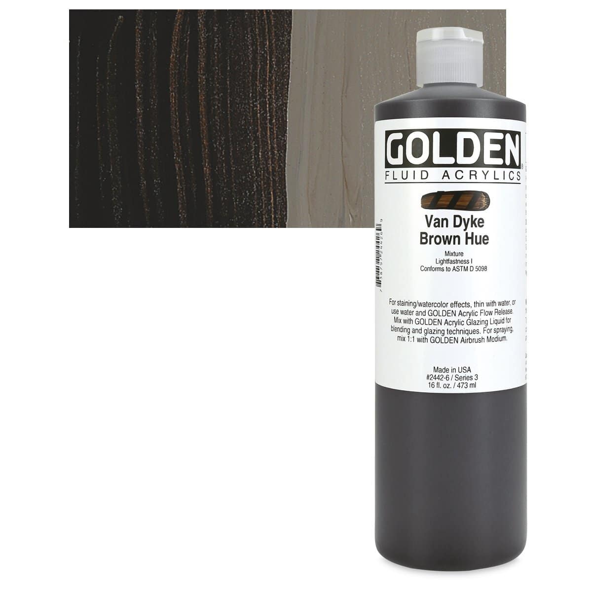 Golden Fluid Acrylic - Van Dyke Brown Historical Hue, 16 oz bottle and swatch
