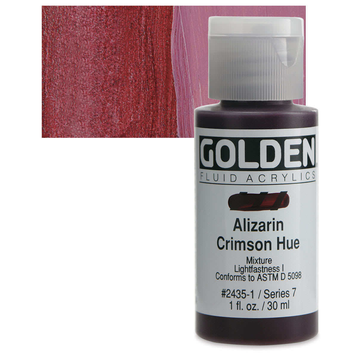 Golden Fluid Acrylic - Alizarin Crimson Hue, 1 oz bottle and swatch