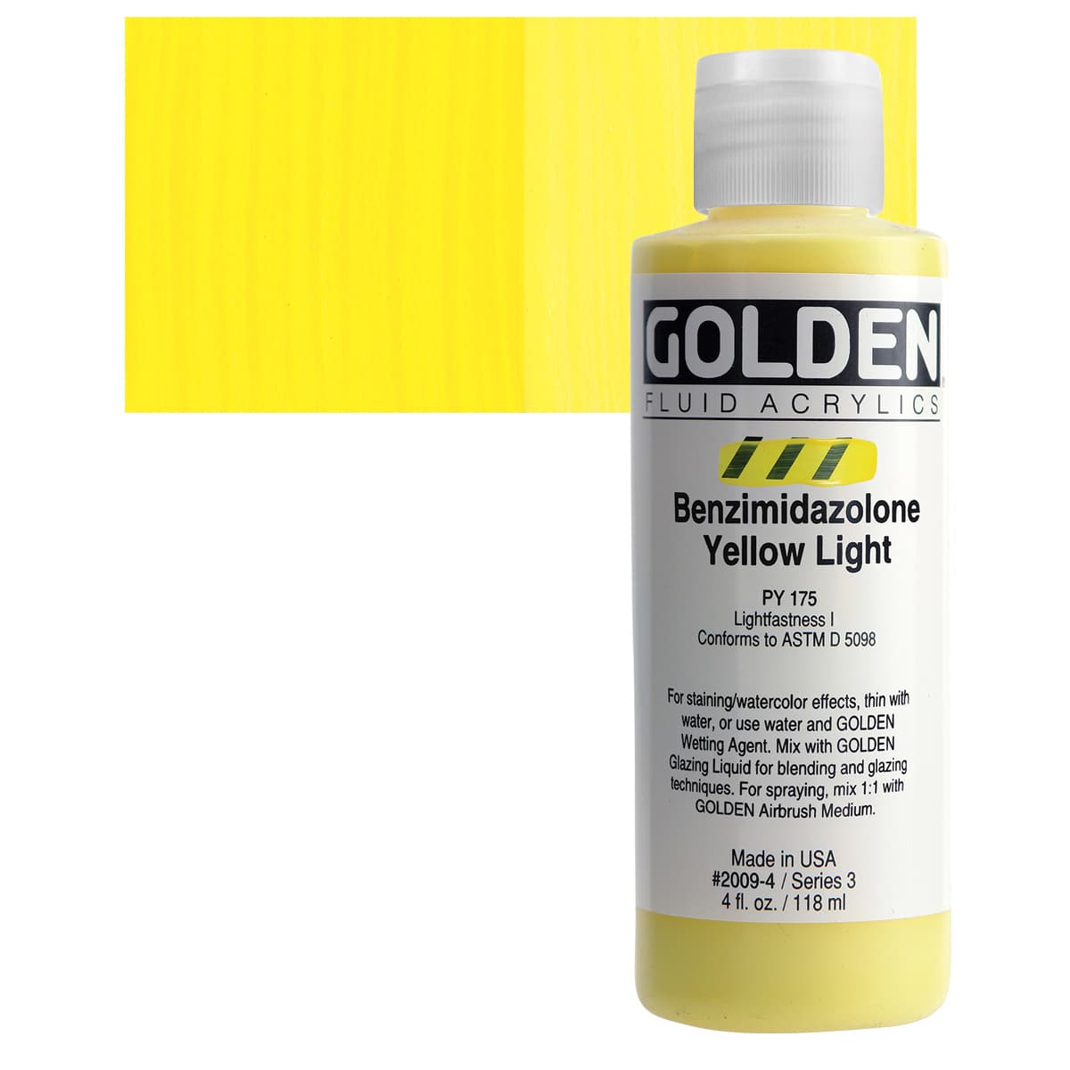 Golden Fluid Acrylic - Benzimidazolone Yellow Light, 4 oz bottle and swatch