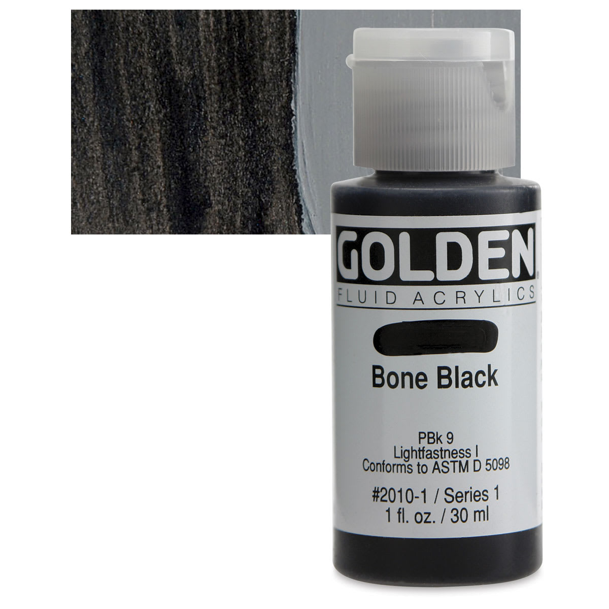 Golden Fluid Acrylic - Bone Black, 1 oz bottle and swatch