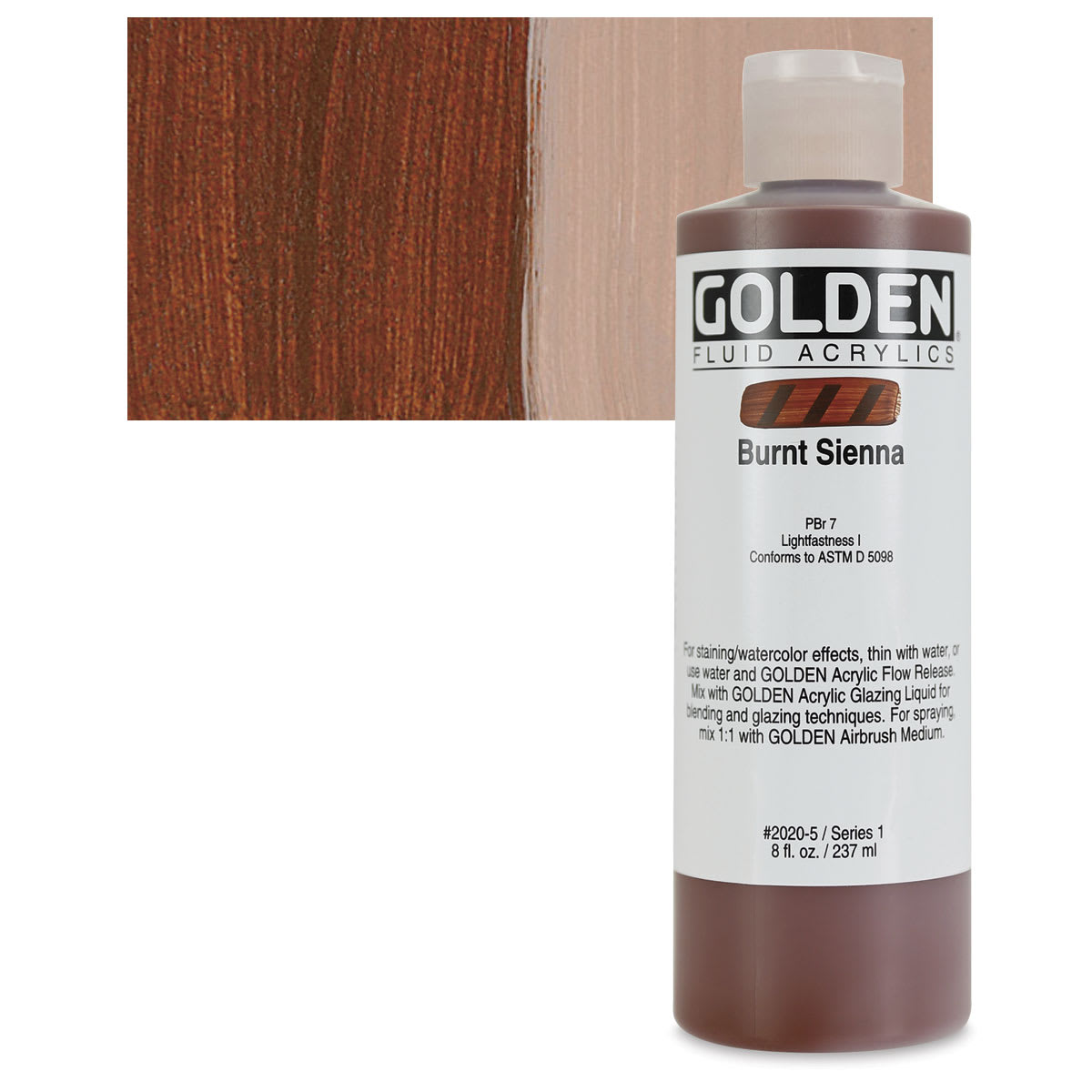 Golden Fluid Acrylic - Burnt Sienna, 8 oz bottle and swatch