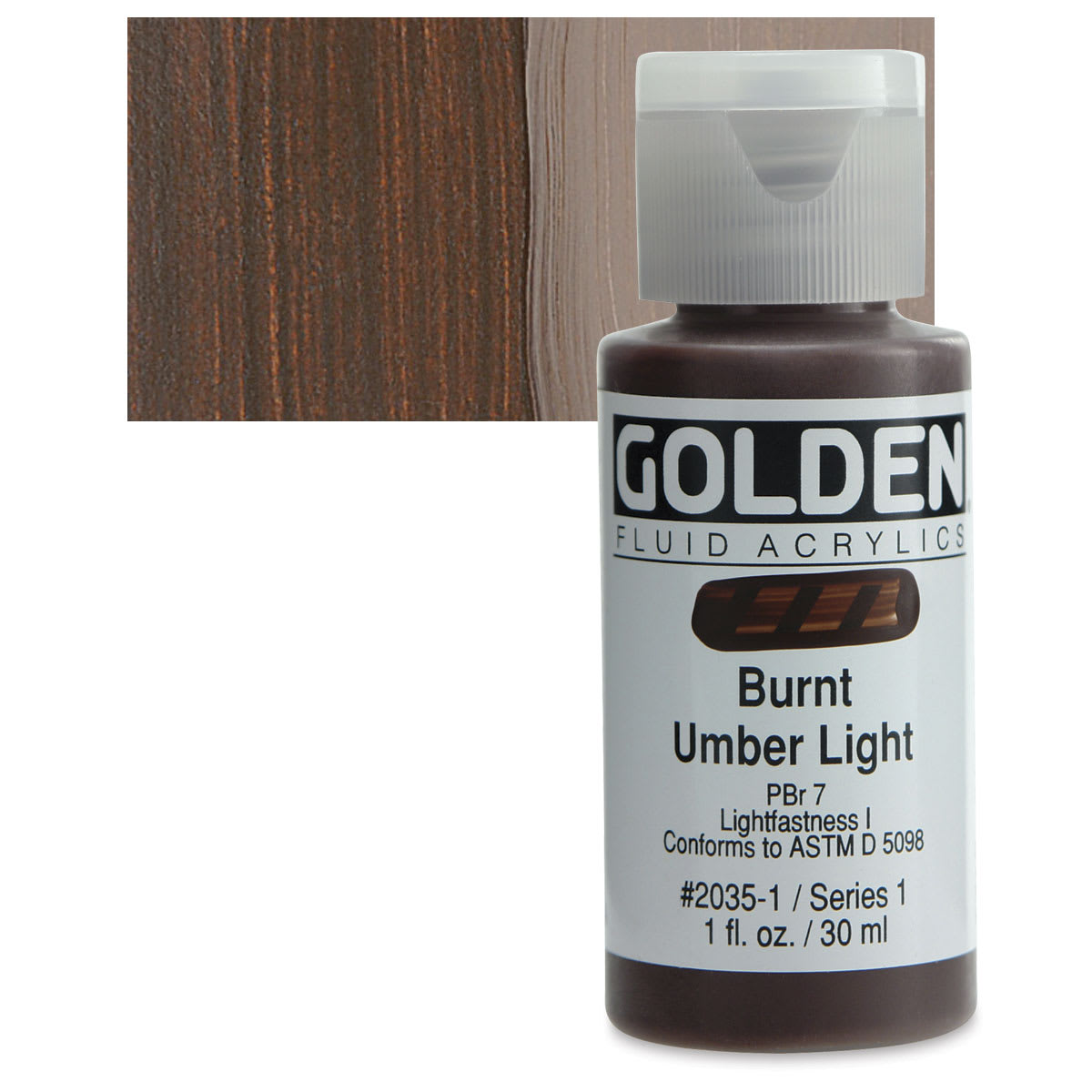 Golden Fluid Acrylic - Burnt Umber Light, 1 oz bottle and swatch