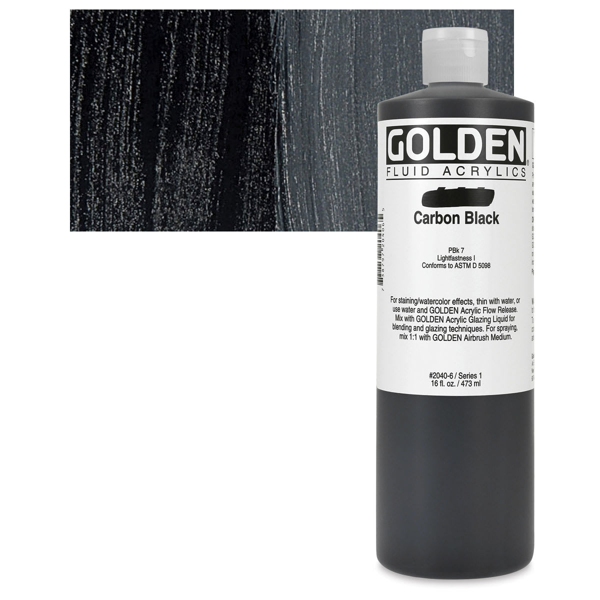 Golden Fluid Acrylic - Carbon Black, 16 oz bottle and swatch
