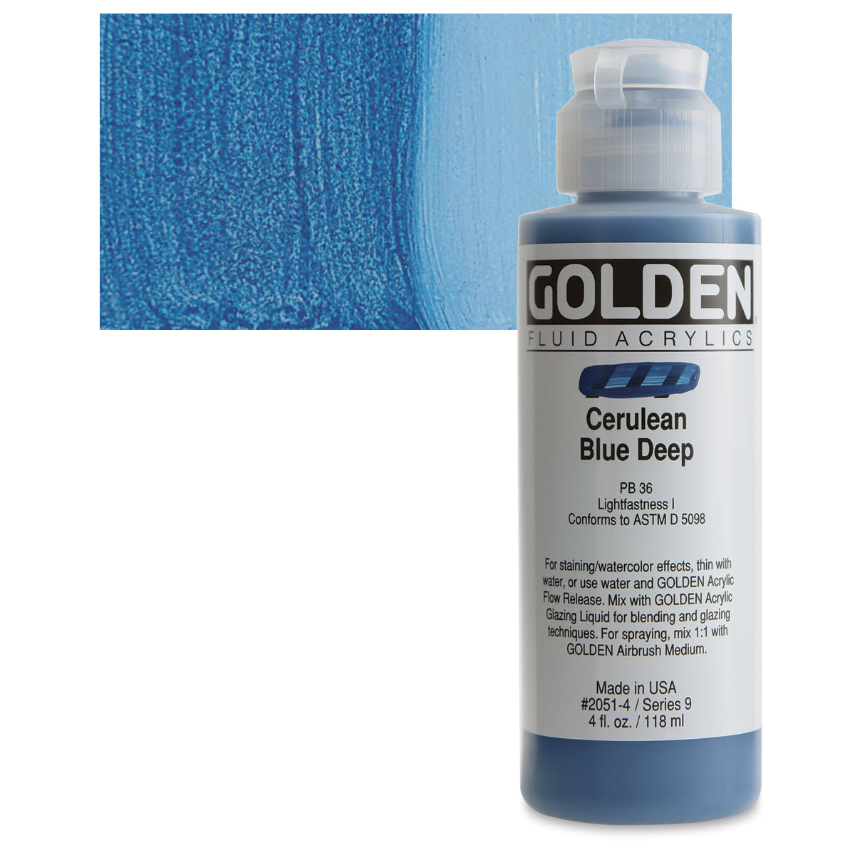 Golden Fluid Acrylic - Cerulean Blue Deep, 4 oz bottle and swatch