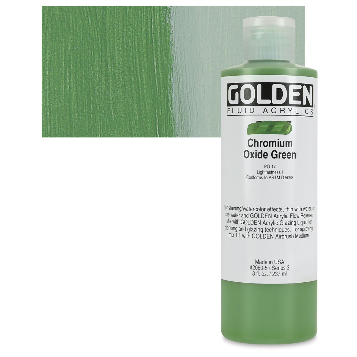 Golden Fluid Acrylic - Chromium Oxide Green, 8 oz bottle and swatch