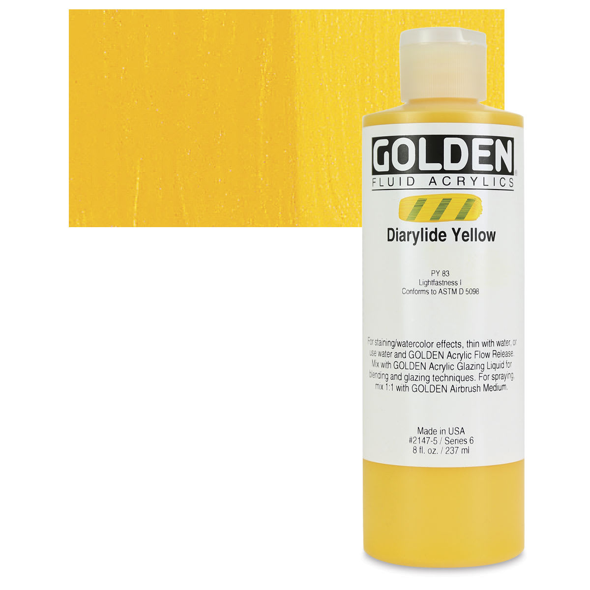 Golden Fluid Acrylic - Diarylide Yellow, 8 oz bottle and swatch
