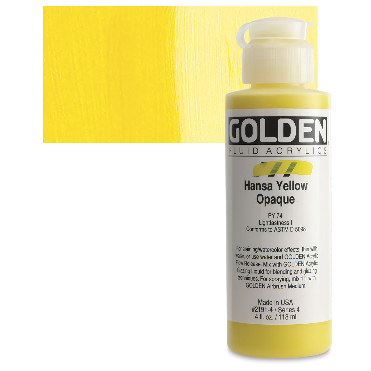 Golden Fluid Acrylic - Hansa Yellow Opaque, 4 oz bottle and swatch