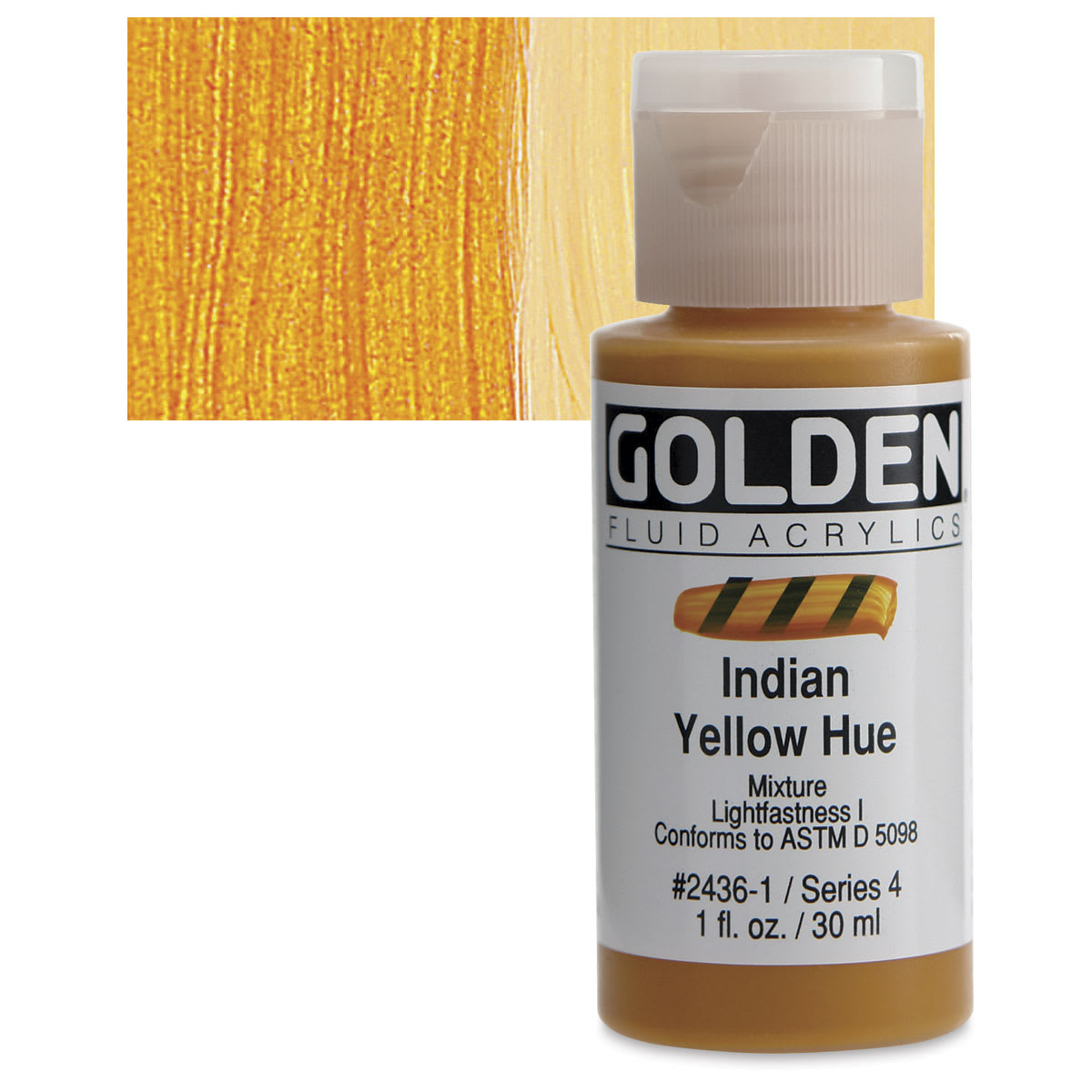 Golden Fluid Acrylic - Indian Yellow Historical Hue, 1 oz bottle  and swatch